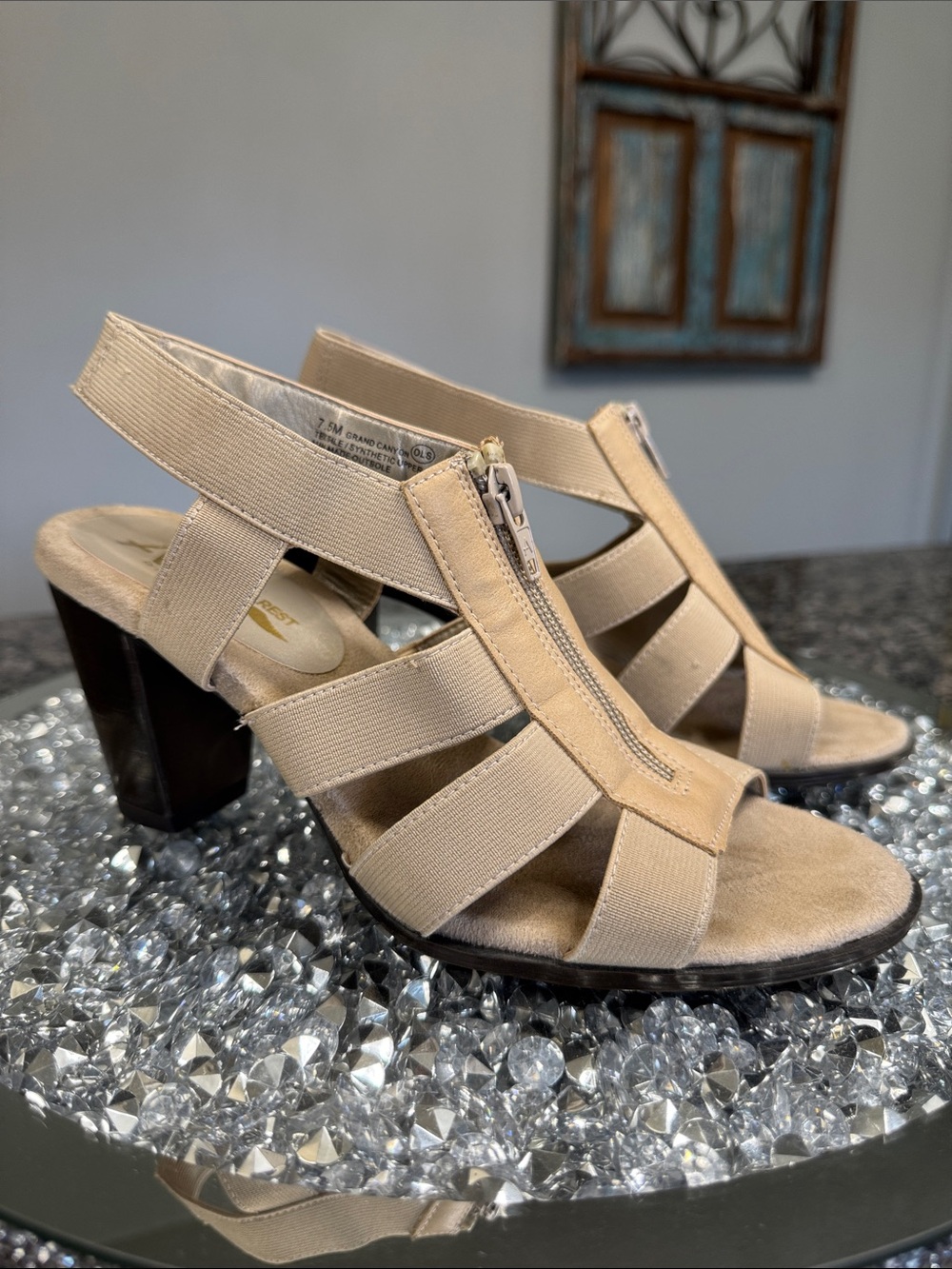 AEROSOLES Beige Elastic Strappy Zip-Front Block Heels
